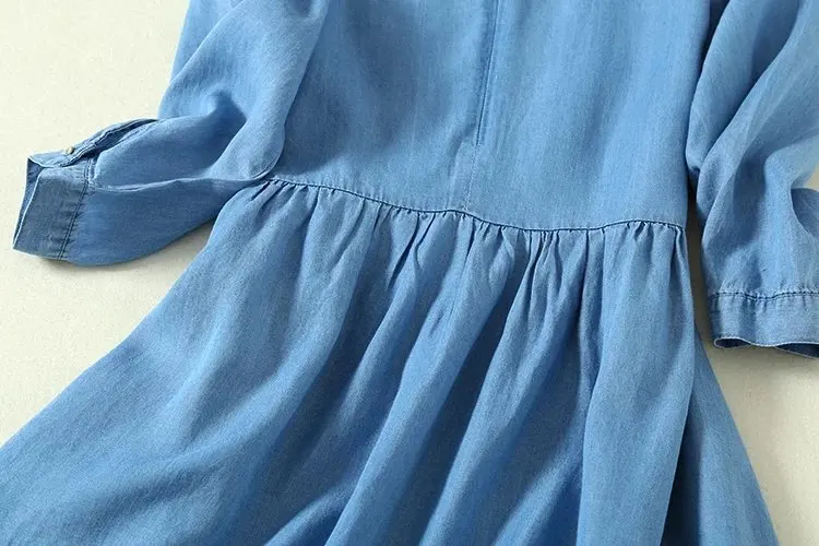 Мягкая джинсовая мини-платье с высокой талией и оборками, женское платье с оборками и круглым вырезом, рукав три четверти, весенне-летнее джинсовое платье из Tencel синего цвета