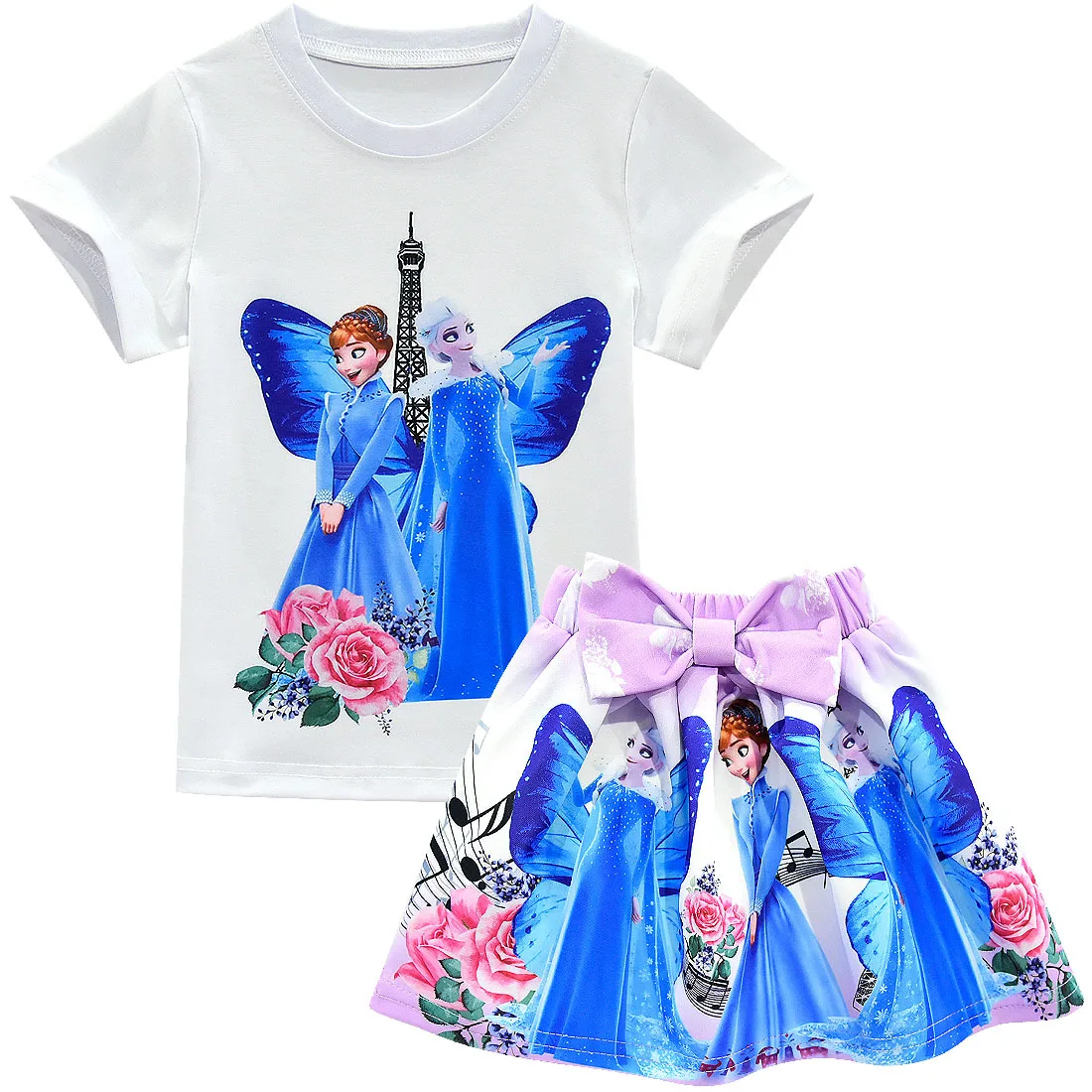 Летняя одежда для девочек; комплект из двух предметов с изображением Эльзы и Анны; футболка; топ и юбка; одежда для детей; детская одежда; одежда принцессы для девочек - Цвет: S0899-Purple