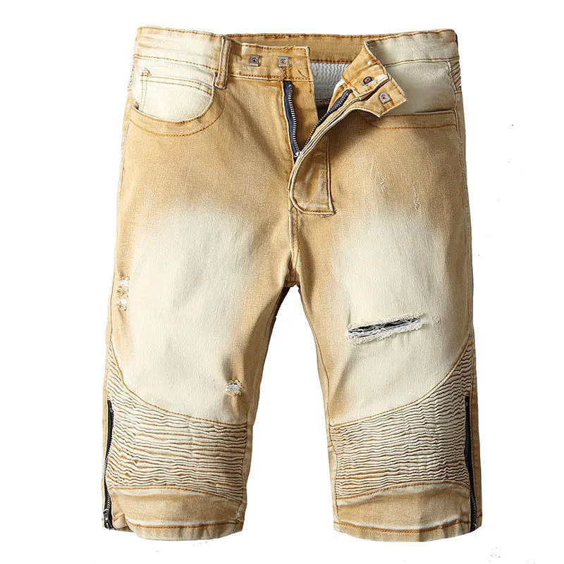 

2019 Summer Top Men Jeans Shorts,Yellow Color Fashion Designer Short Ripped Jeans For Men Denim Shorts Knee Length