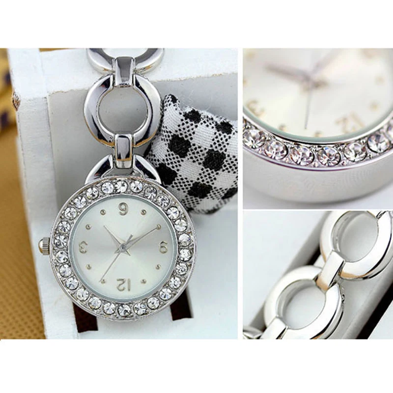 2 Colors Rhinestone Crystal Stainless Steel Watch Elegant Woman Lady Quartz Brooch Nurse Watch Women Gold Silver Luxury Watches