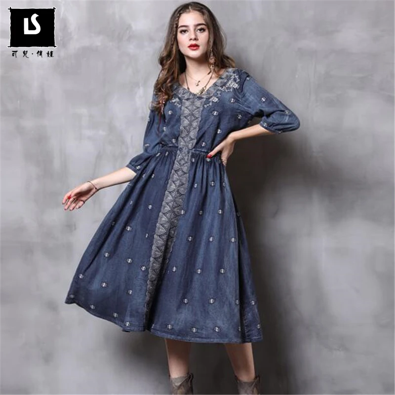 

Women Dress Autumn New Vintage Denim Long Dresses V-Neck Half sleeve Embroidery A-line Casual Dress Vestido Vestidos Femininos