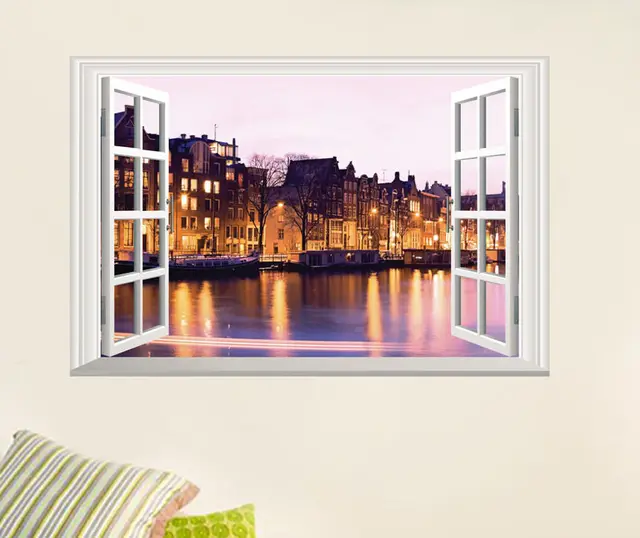 Creative Fake Window Wall Sticker Bathroom Stickers Home Decor Creative Fake Window Wall Sticker Bathroom Stickers Home Decor Riverside Road Night Waterproof Removable Vinyl