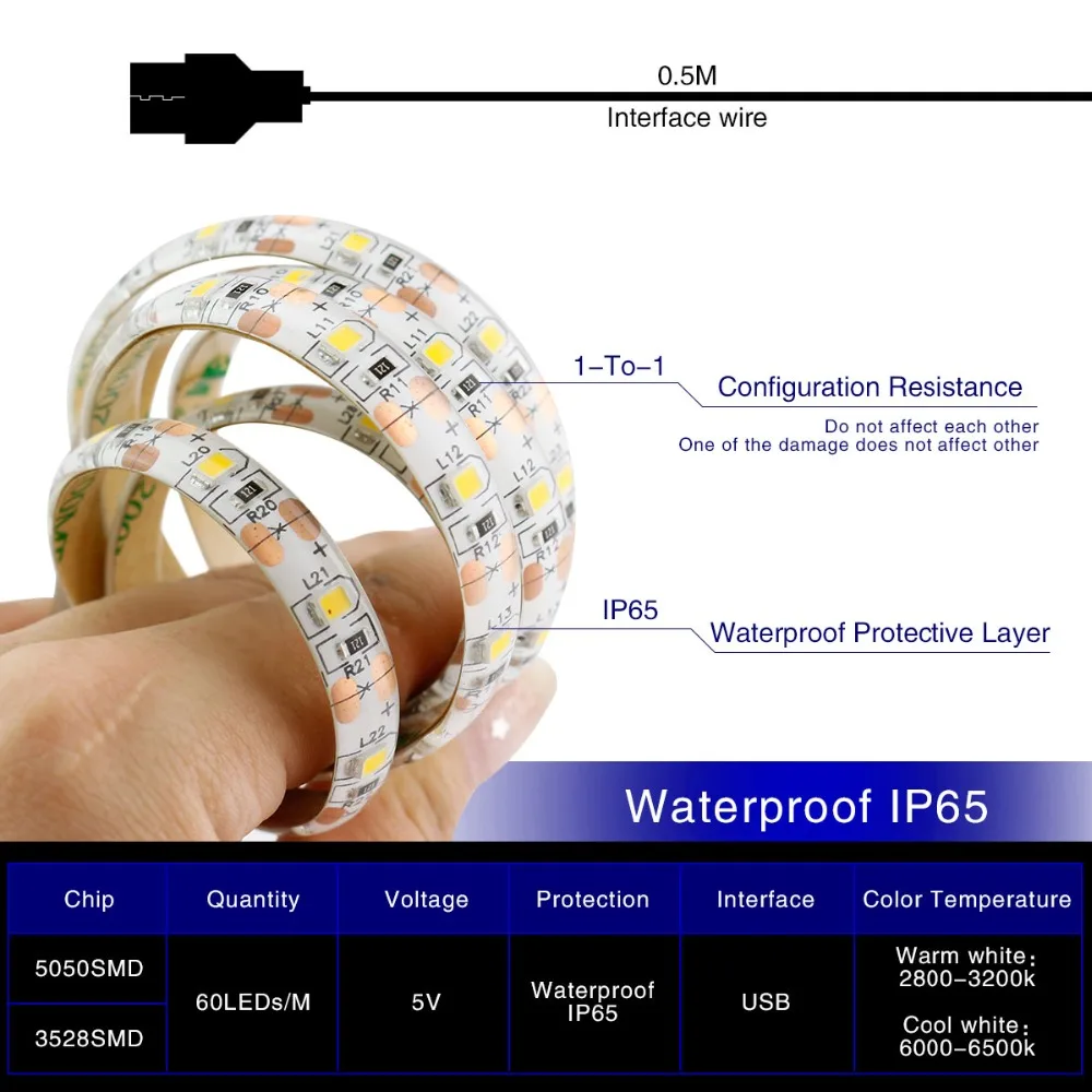 USB адаптер DC 5 V Светодиодная лента 2835 5050 SMD 60 светодиодов белый/теплый белый 100 см лента для ТВ задний план настенный свет украшения