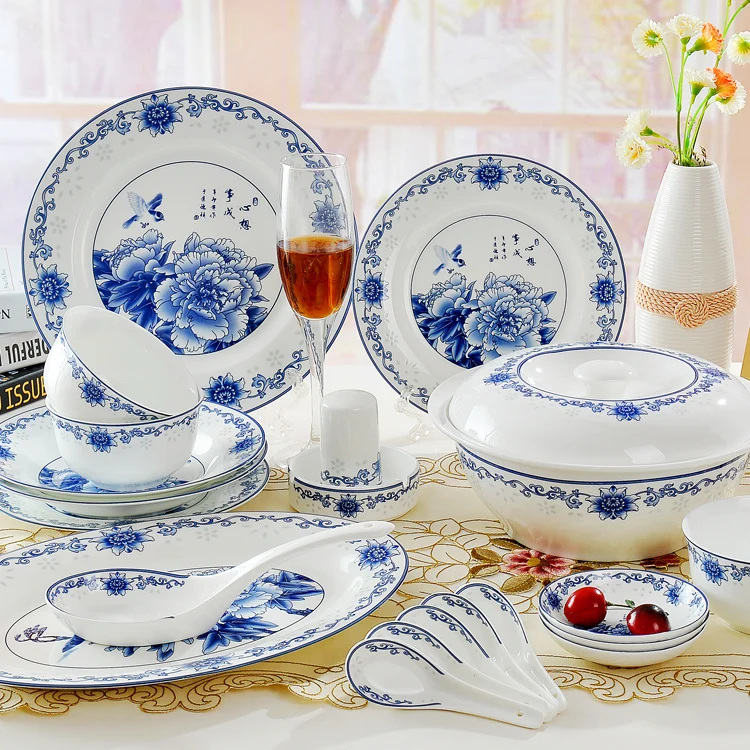 Dinnerware set bone china 56 blue and white dishes fashion microwave