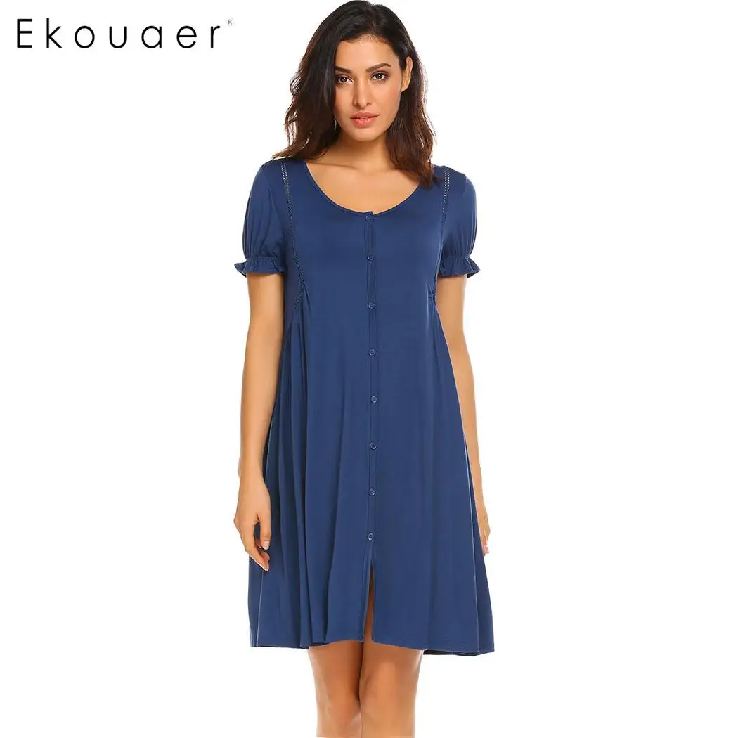 Ekouaer, женские мягкие ночные рубашки, короткий рукав, ночная рубашка на пуговицах, рубашка для сна, платье, Женская сорочка, ночная рубашка - Цвет: navy blue