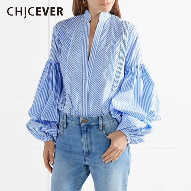 

CHICEVER Summer Elegant Striped Solid Women's Blouse V Neck Lantern Sleeve Loose Female Top Clothing 2019 Fashion New Tide