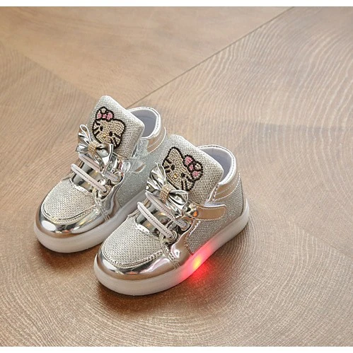 4 Ready Stock LED Shoes Light Up Kids Sneakers Hello Kitty Children Girl Leisure Cat Spring Toddler Girls' Casual Shoes Size 26-30