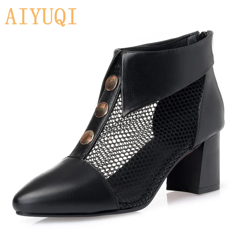 

AIYUQI Summer women's mesh sandals 2019 spring new genuine leather high heel women sandals, fashion rhinestone dress shoes women
