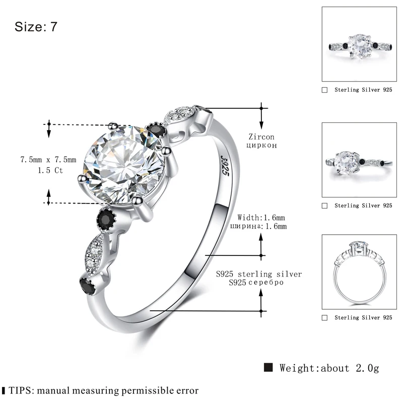 [Черный ость] 2,0 г из натуральной 100% 925 пробы серебро ювелирных украшений Мода Обручение кольца для Для женщин обручальное кольцо Bague c057