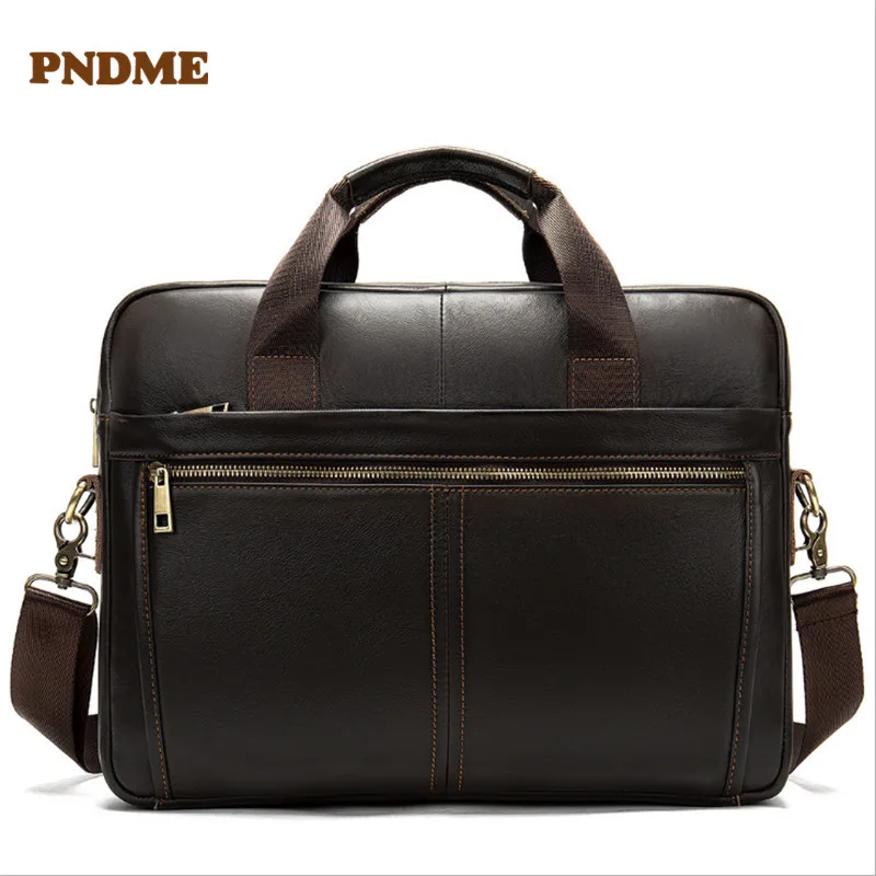 

PNDME top layer cowhide men's briefcase retro business casual office soft genuine leather luxury laptop shoulder messenger bag