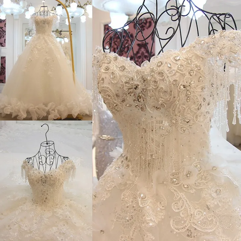 Высококачественное роскошное кружевное свадебное платье с кристаллами и бисером, белое свадебное платье с королевским шлейфом Vestido De Noiva