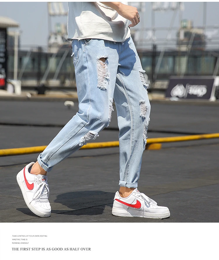 Summer Jeans Men Fashion Streetwear Ripped Jeans For Men Plus Size Light Blue Men Jeans Pants Casual Trousers Male 5XL-M