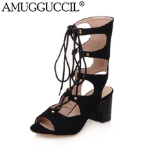 2017 New Plus Big Size 32-43 Black Red Lace Up Fashion Casual Sexy Mid Heel Summer Boots Girl Female Lady Women Sandals L755