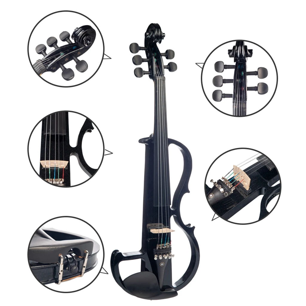 4/4 Solid Wood Black 5 String Electric Violin Kit Musical Instrument with Bow Case Rosin Headphone Cable Gift for Violin Players