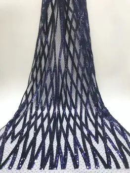

Blue Sequins African Lace Fabric Tulle Lace Fabric With Applique High Quality African Nigerian Women 5 Yards Organza Fabric