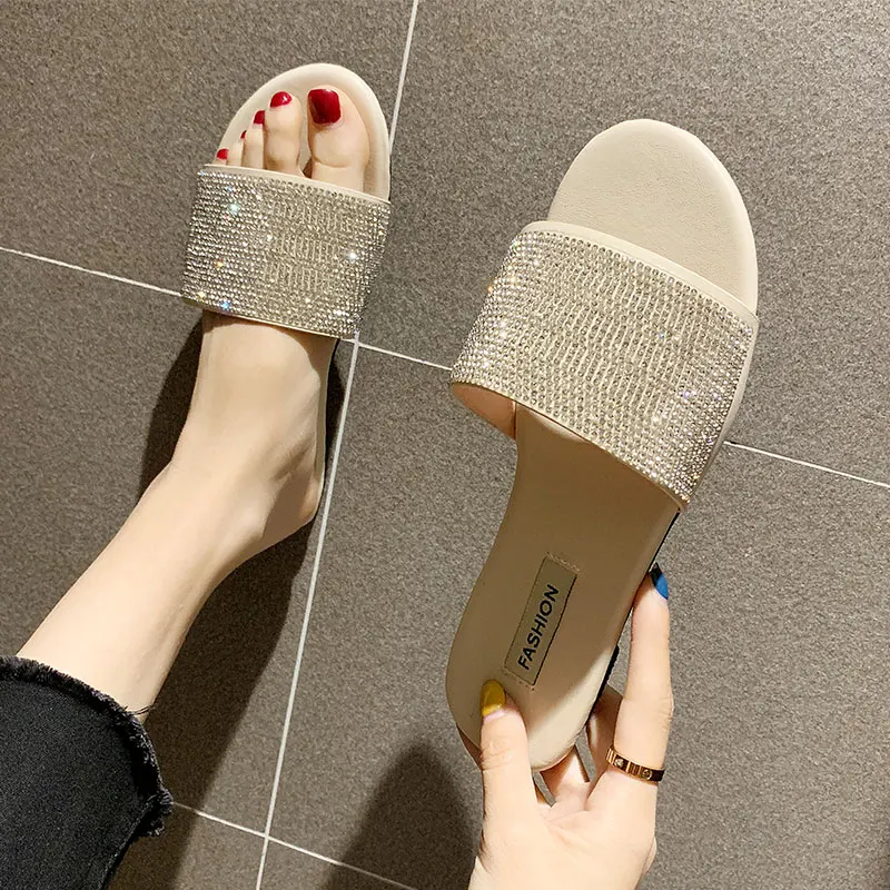 

Leather Summer Ladies Slippers Outside Brief With Rhinestones Water Babouche Rubber Female Modis Heels New 2019 Wedge Shoes