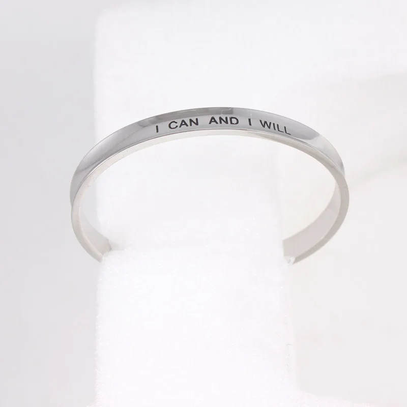 

I Can And I Will 7mm Stainless Steel Bangle Engraved Positive Inspirational Quote Cuff Mantra Bracelets Bangles for Women Gift