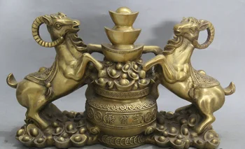 

zhmui88002618<+14" Chinese Brass Zodiac Year 2 Sheep Treasure Bowl Wealth Goat Statue Sculpture