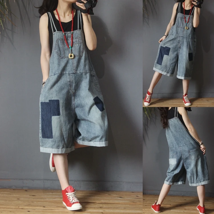 

Spring Summer New Women Casual Loose Plus Size Vintage Print Spaghetti Strap Thin Bleached Denim Playsuits Wide Leg Pants