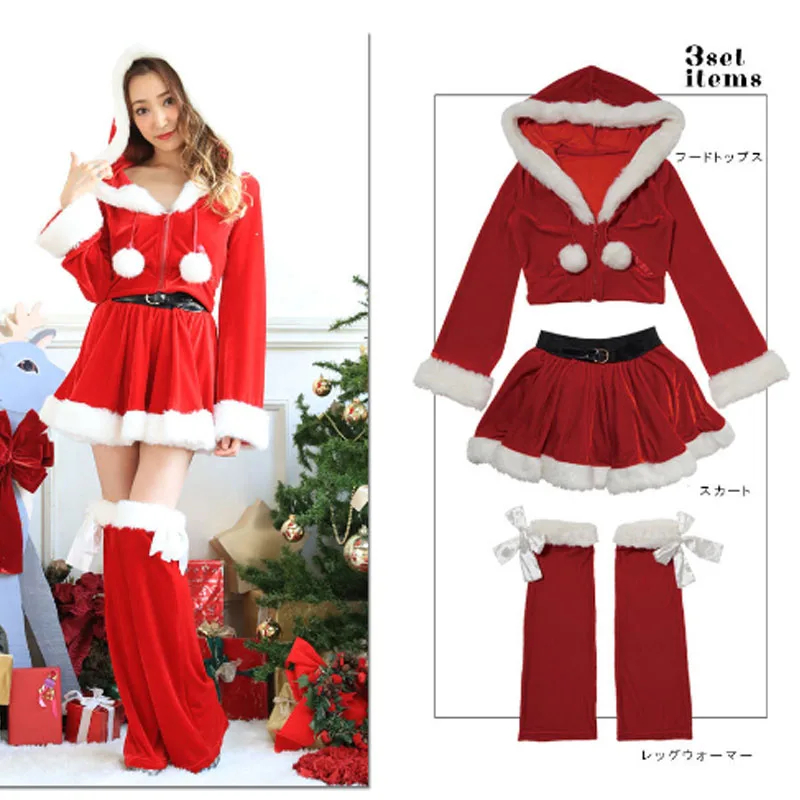 3 шт., сексуальный костюм Санта-Клауса, рождественское платье, косплей, Женский маскарадный костюм, костюм для взрослых, Санта Клаус, рождественские топы, костюм с капюшоном