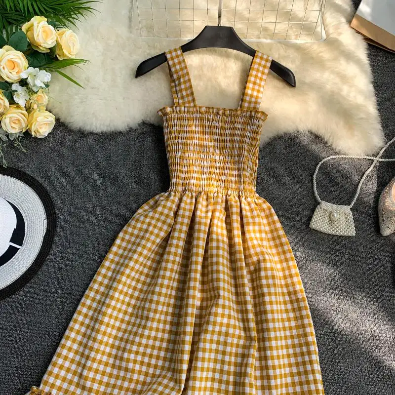 Slim Ladies Ruffles Vintage Plaid Print 2020 Sexy Summer Midi Dress Party Spaghetti Strap Women Casual Beach Elegant Vestidos