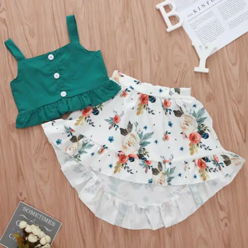 

Toddler Baby Girl Kid Outfit Set Tops T-shirt Tank+Floral Skirt Beach Dress 1-5Y