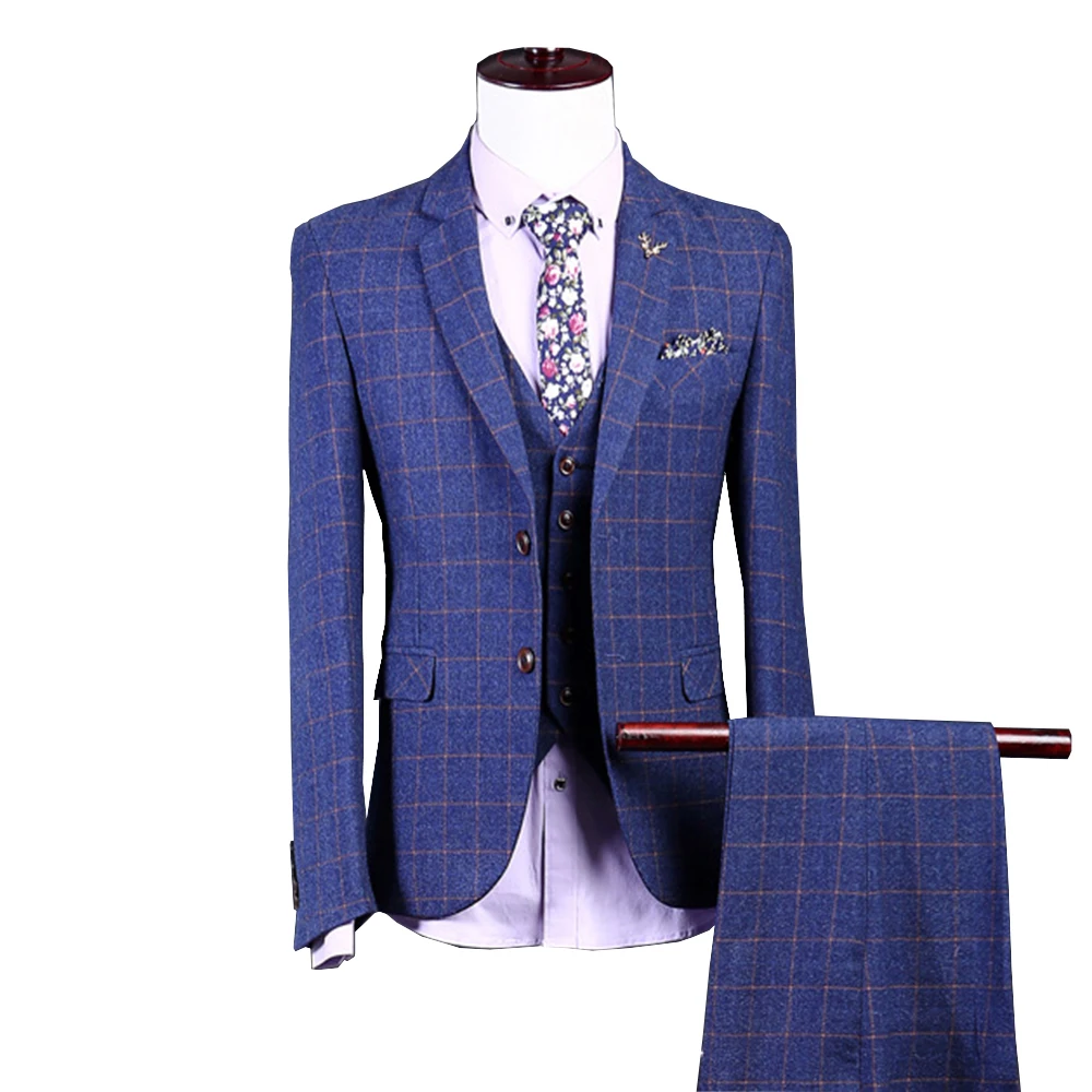 

JinXuanYa ( Jacket + Vest + Pants ) Men's Casual Three-piece Suit Business Fashion Plaid blue Slim Suit Coat S-5XL custom suit