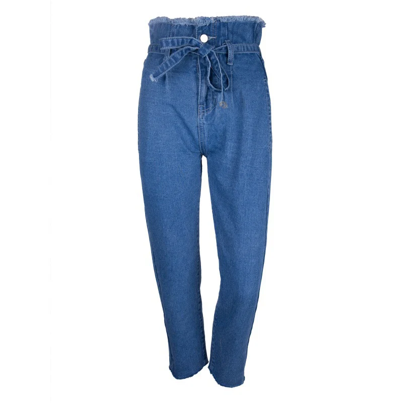 Джинсы с высокой талией для женщин, на молнии, на пуговицах, с кисточками, пояс-бандаж, повседневные джинсы пуш-ап, высококачественные ковбойские джинсовые брюки - Цвет: Blue