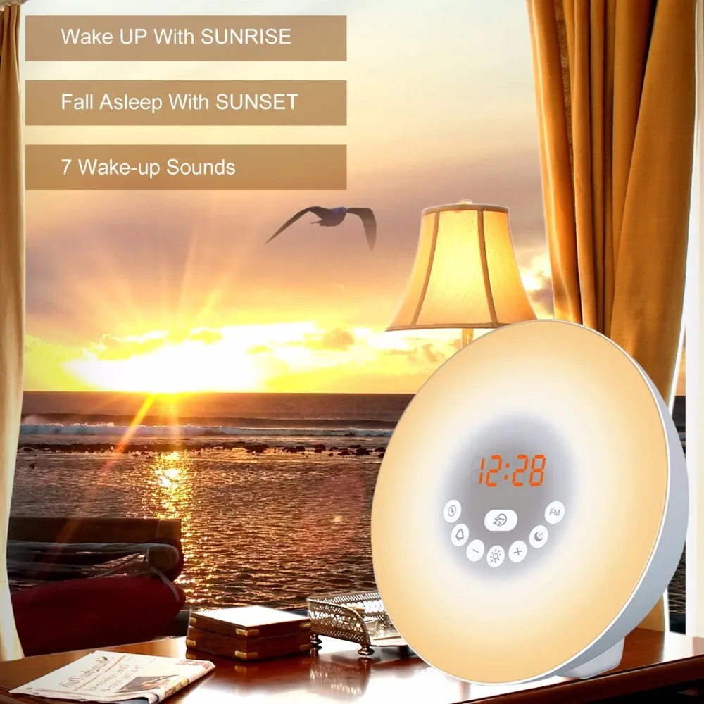 Будильник С восходом солнца, светильник с будильником с 6 звуками природы, fm-радио, Ночной светильник 7 цветов, Функция Smart Snooze/bluetooth