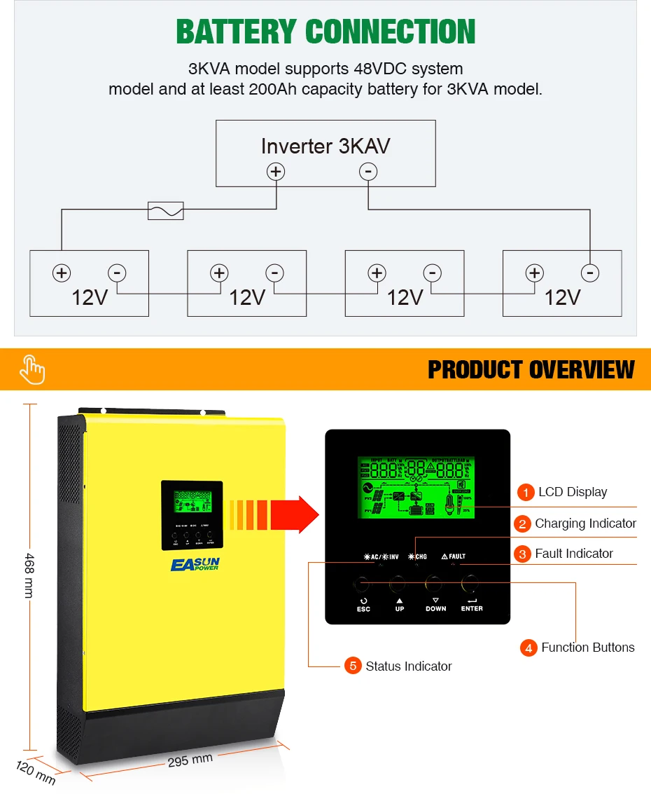 Источник питания Easun Гибридный солнечный инвертор 6000W 48V 220V 450Vdc PV вход 60A сетка привязанный инвертор MPPT Солнечное зарядное устройство 60A зарядное устройство