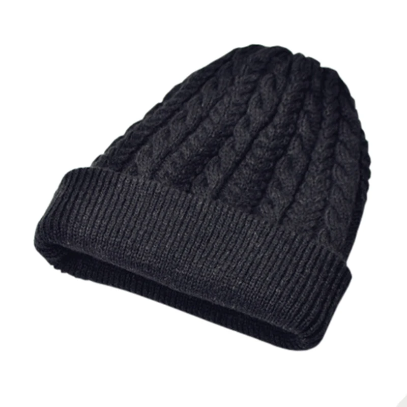 Русские вязаные шерстяные шапки для мужчин однотонные зимние теплые шапки s Повседневная шапка витая вязаная Мужская утепленная шапка - Цвет: Black
