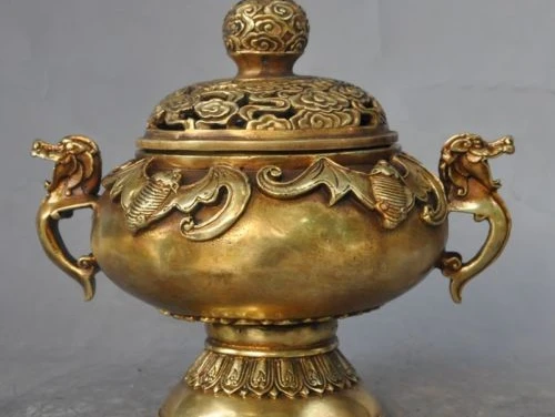 

7"chinese joss brass fengshui dragon beast Bat statue incense burner Censer