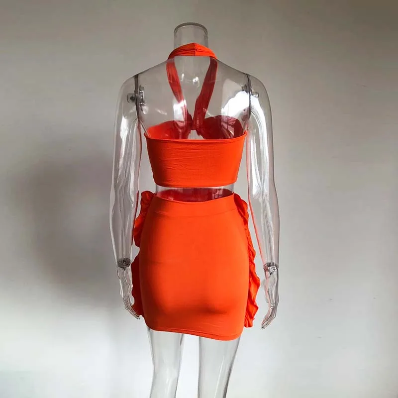Beyprern сексуальный неоновый оранжевый Холтер Cris Cross мини-юбка комплект из двух предметов женский эластичный укороченный топ и юбка с оборками