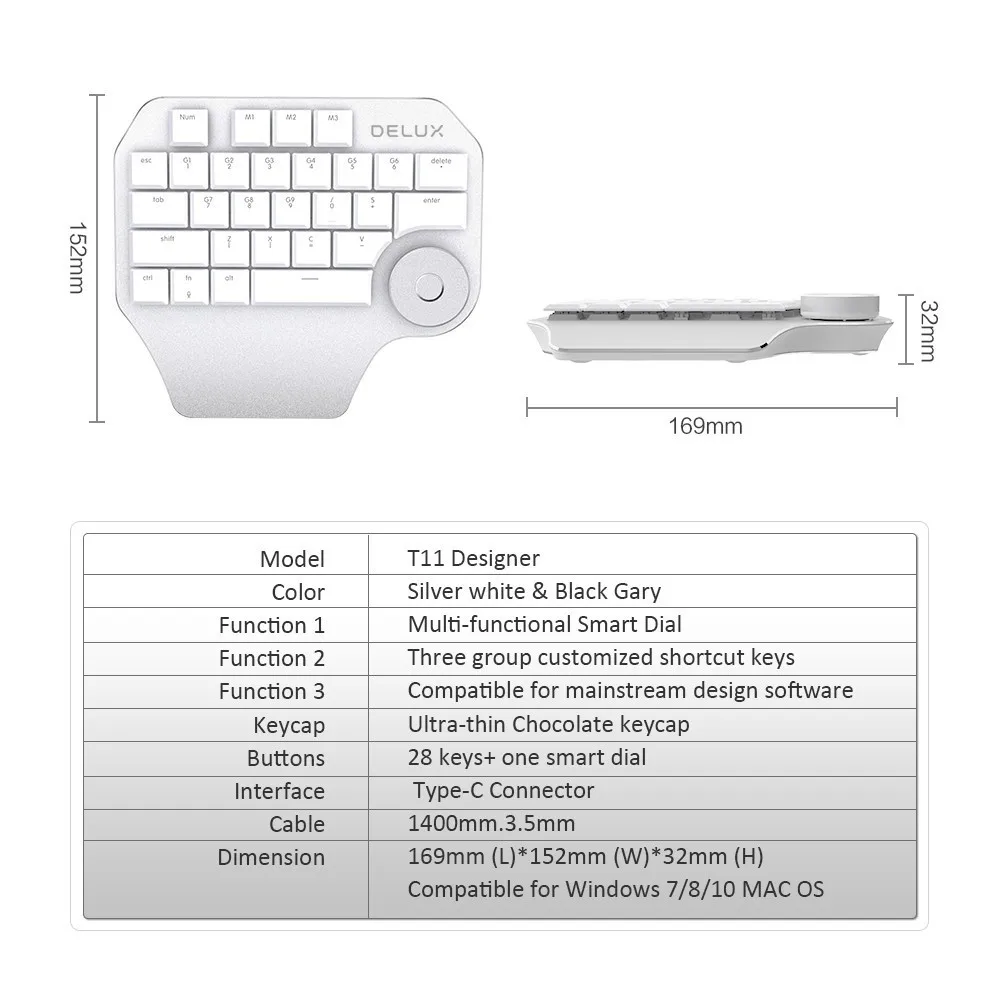 Delux T11 Designer Keyboard with Smart Dial 3 Group Customizable Keys Keypad Compatibility for Wacom Windows Mac Design Software Delux T11 Designer Keyboard with Smart Dial 3 Group Customizable Keys Keypad Compatibility for Wacom Windows Mac Design Software