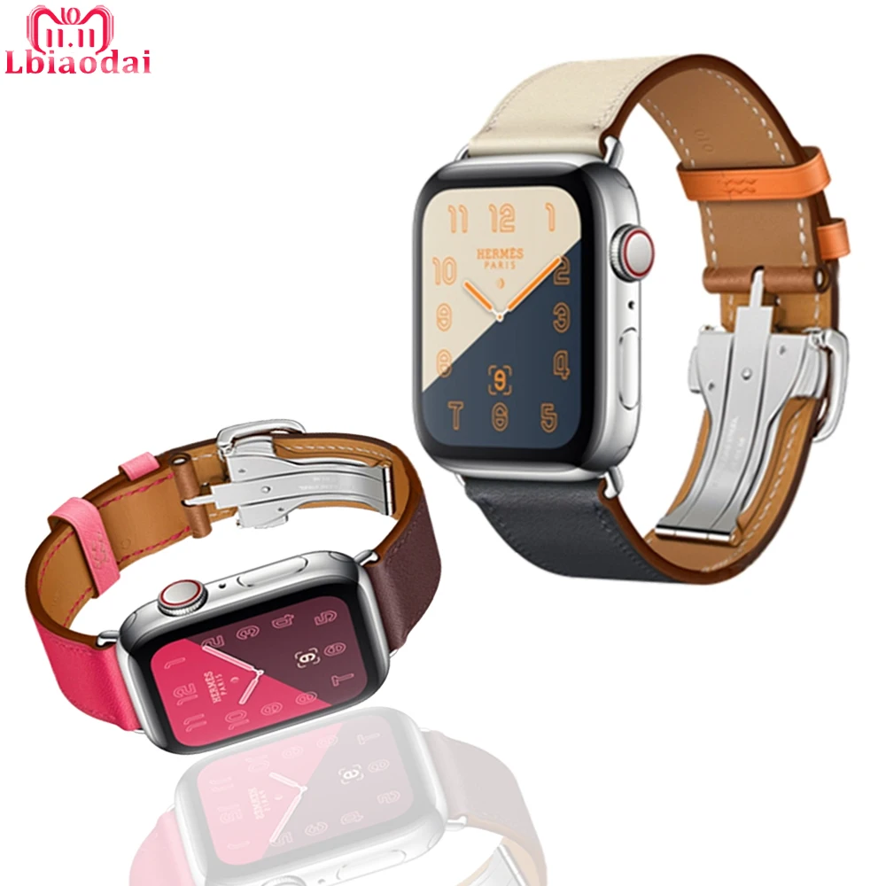 Leather strap For Apple watch 4 band 42mm 38mm Stainless steel Deployment Buckle belt for iwatch