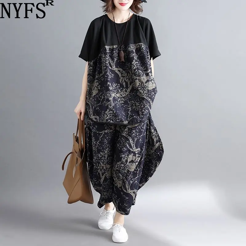 NYFS летний комплект из двух предметов, хлопковый льняной Женский комплект, футболка с абстрактным принтом+ широкие штаны женский комплект 2 шт