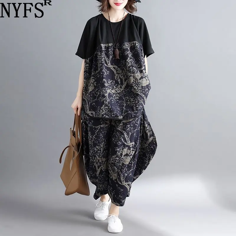

NYFS 2019 New Summer two piece set Cotton Linen Women Set Abstract printing T shirt+Wide leg pants 2 piece set women
