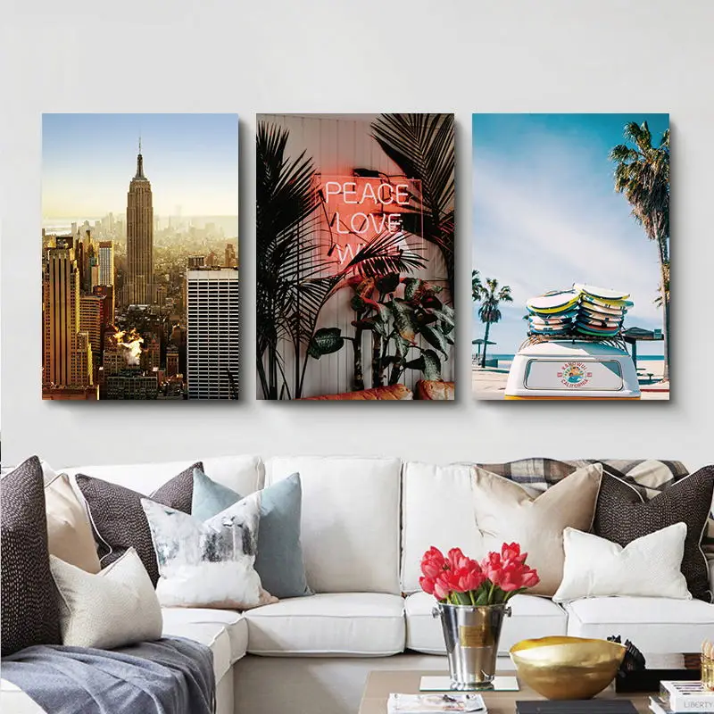 

Minimalistic Abstract Leaves Beach City Landscape Illustration Canvas Painting Art Print Poster Picture For Home Unframed