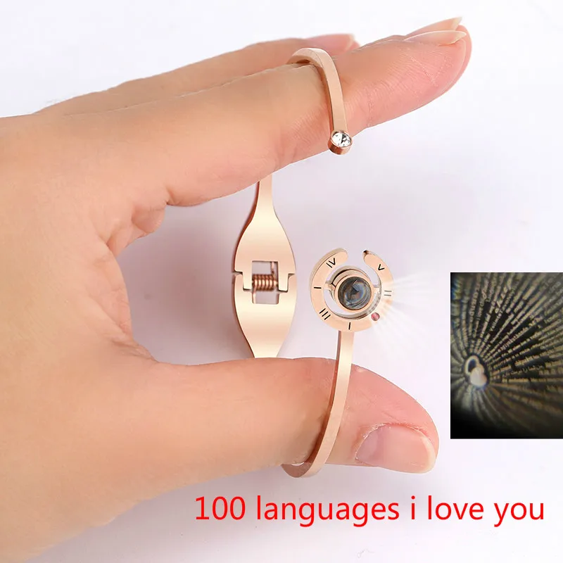 

Fashion Women 100 Languages I Love You Bracelet Memory Steel Rose Gold Roman Numerals Crystal Fashion Charm Bracelet Open Bangle
