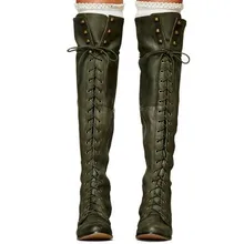 Кожаные женские сапоги до колена; зимние сапоги до бедра на шнуровке и квадратном каблуке; Цвет армейский зеленый; zapatos mujer; женские чулки