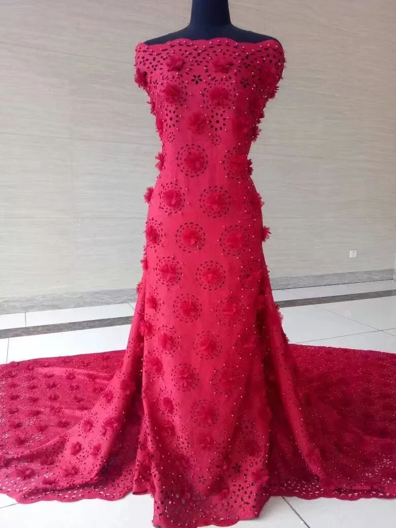 

Latest Laser Cutting Nigerian Lace Embroidery Fabric 3D fabric appliques For Dress 2018 Guipure Swiss Dry Lace Material RED