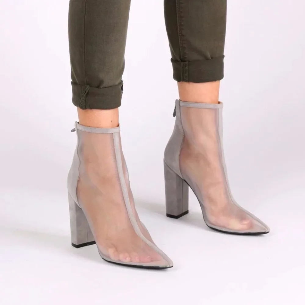 Goedkoop Vrouwen Chunky Hak Mesh Schoenen 2018 Wees Teen Sexy See Through Black Hoge Hak Enkellaars Dames Zomer Schoenen sandaal Laarzen