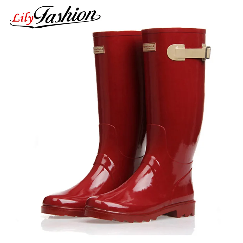 New 2016 Woman Fashion Knee High Rain Boots Fresh Red Cool Motorcycle