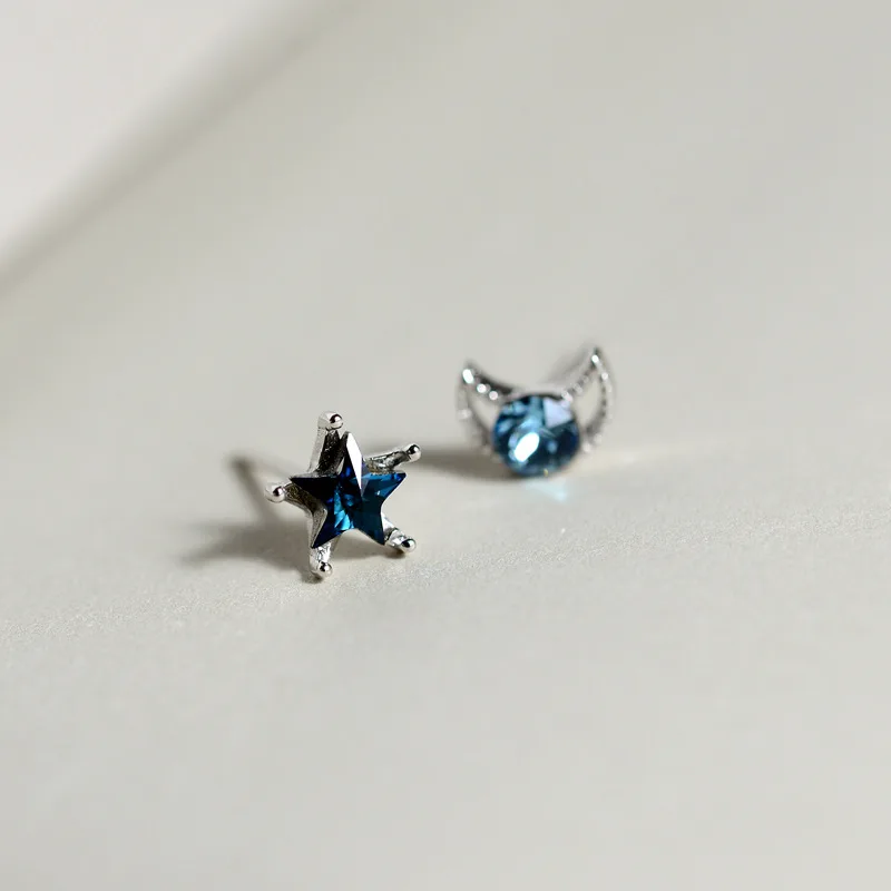 

100% Genuine 925 Sterling Silver Exquisite Temperament Blue Crystal Moon Star Stud Earrings For Women Earings Fashion Jewelry