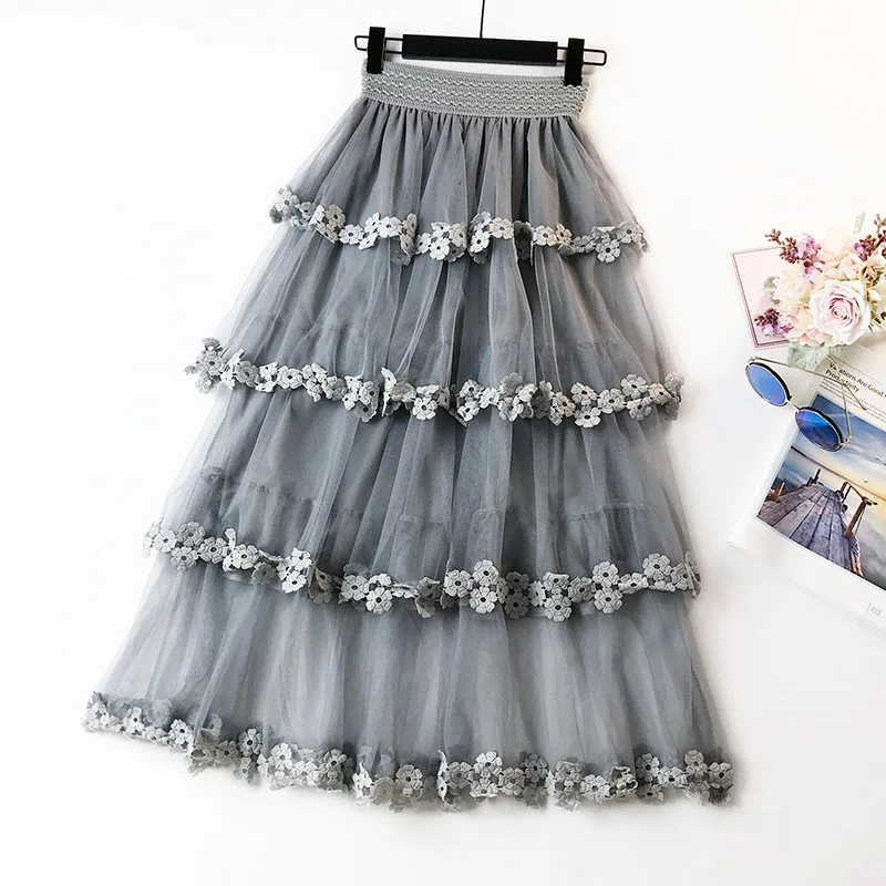 Цветочное кружево Cakee многослойная длиной до лодыжки марлевые юбки корейская мода Высокая талия элегантная длинная сетка Многоуровневая юбка для девочек - Цвет: gray