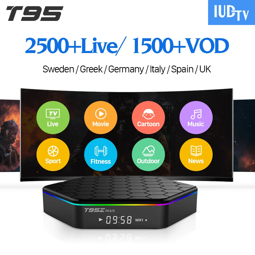 

IUDTV Code Spain Greek Italia IP TV Europe T95Z Plus Android 7.1 S912 2G+16G 3G+32G Dual-Band WiFi IPTV Receiver Box IP TV