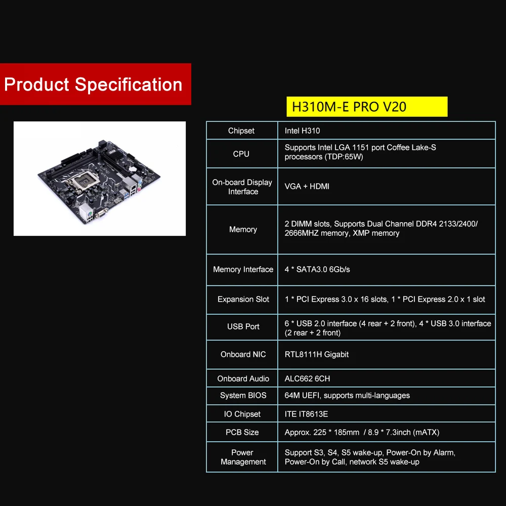 Цветная материнская плата H310M-E PRO V20 Материнская плата Процессор Intel LGA 1151 DDR4 SATA3.0 mATX PCI-E 3,0 слот расширения для рабочего стола