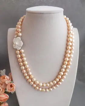 

Free ship !!! Yellow freshwater pearl 2lines with shell flower fastener jewelry necklace on hot sale you will like it
