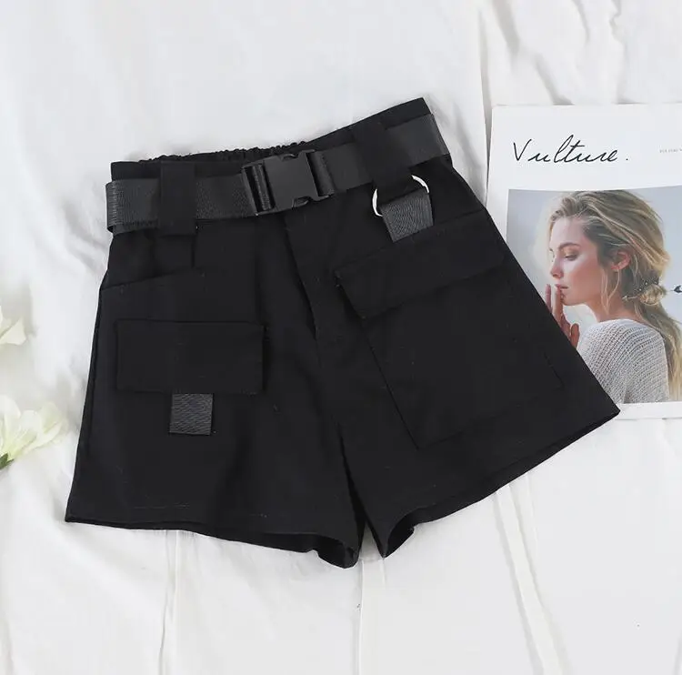 Women Casual Denim Shorts Summer High Waist Women's Sports Shorts Big Pocket Cargo Shorts Women With Belt - Цвет: Черный