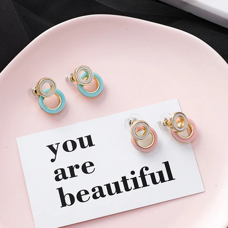 

Korean Japanese S925 Pin Anti-allergy Blue Pink Enamel Loop Small Drop Earrings For Women Girl's Fresh Circle Geometric Earring
